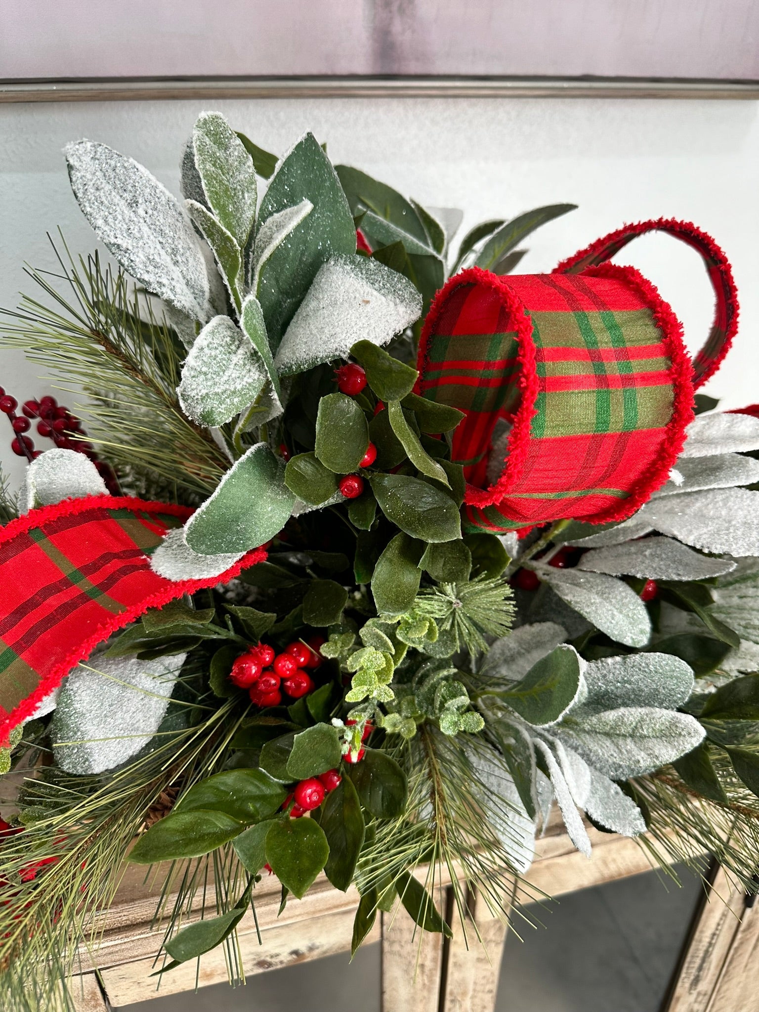 Festive Christmas Centerpiece with Snowy Lambs Ear, Pine Sprays, and Plaid Ribbon - Elegant Holiday Table Decoration TCT Crafts