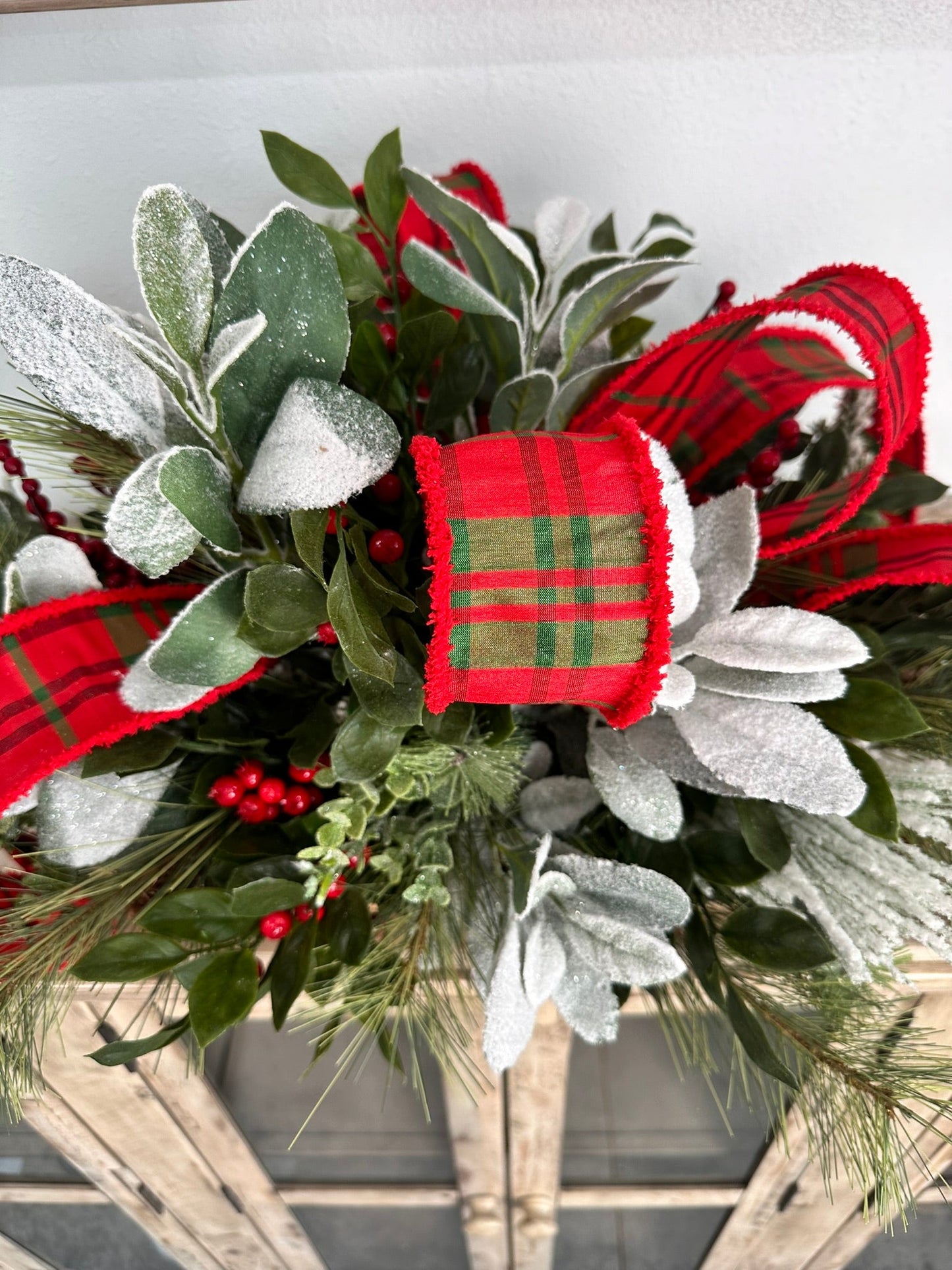 Festive Christmas Centerpiece with Snowy Lambs Ear, Pine Sprays, and Plaid Ribbon - Elegant Holiday Table Decoration TCT Crafts