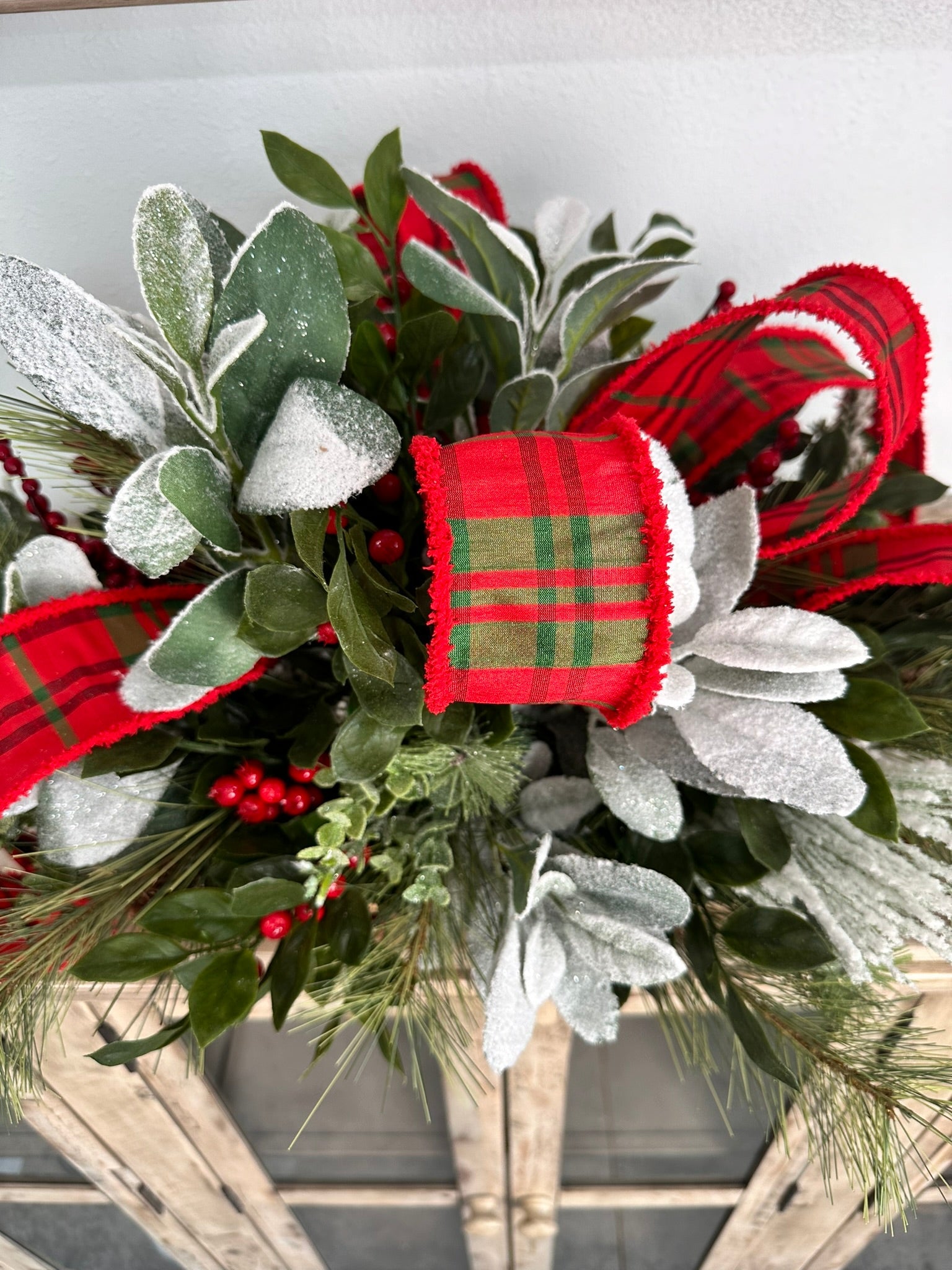 Festive Christmas Centerpiece with Snowy Lambs Ear, Pine Sprays, and Plaid Ribbon - Elegant Holiday Table Decoration TCT Crafts