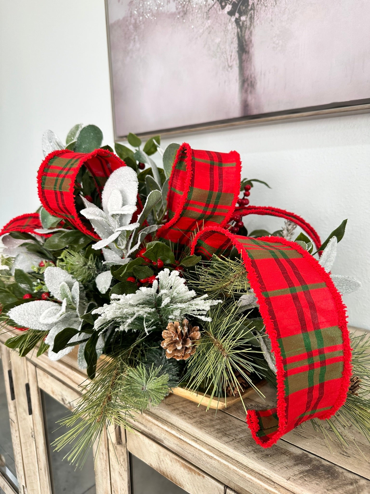 Festive Christmas Centerpiece with Snowy Lambs Ear, Pine Sprays, and Plaid Ribbon - Elegant Holiday Table Decoration TCT Crafts