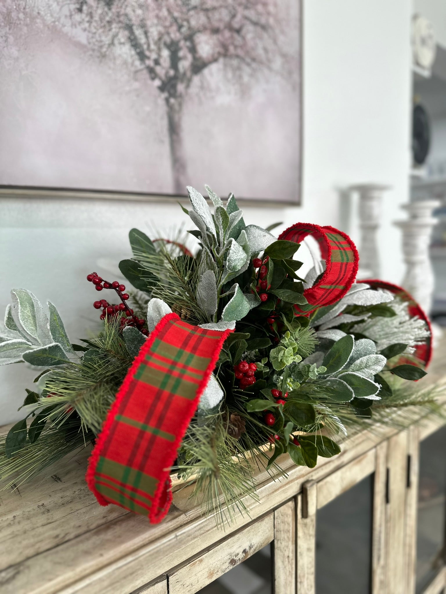 Festive Christmas Centerpiece with Snowy Lambs Ear, Pine Sprays, and Plaid Ribbon - Elegant Holiday Table Decoration TCT Crafts