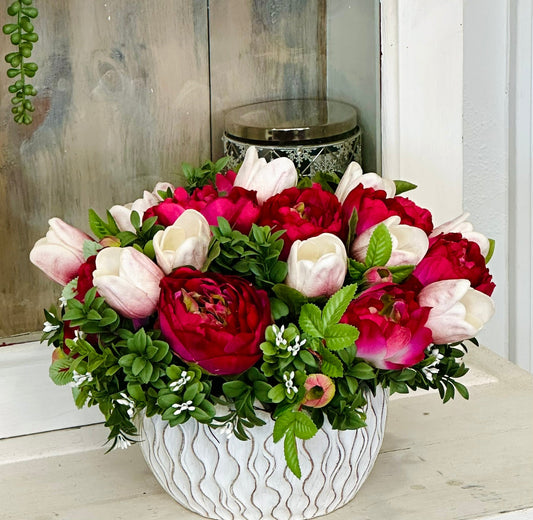 Peony and Tulip Floral Arrangement | Faux Flowers in White Cement Planter TCT Crafts