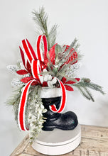 Load image into Gallery viewer, Festive Santa Boot Christmas Centerpiece | 25&quot; x 16&quot; Holiday Arrangement with Artificial Pine, Lollipops, and Glitter Accents