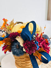 Load image into Gallery viewer, Beautiful Fall Pumpkin Basket Arrangement | 13&quot; x 16&quot; Autumn Centerpiece with Cream Pumpkin, Burgundy Florals, and Blue Pumpkins