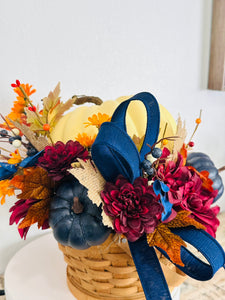 Beautiful Fall Pumpkin Basket Arrangement | 13" x 16" Autumn Centerpiece with Cream Pumpkin, Burgundy Florals, and Blue Pumpkins