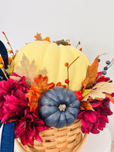 Load image into Gallery viewer, Beautiful Fall Pumpkin Basket Arrangement | 13&quot; x 16&quot; Autumn Centerpiece with Cream Pumpkin, Burgundy Florals, and Blue Pumpkins