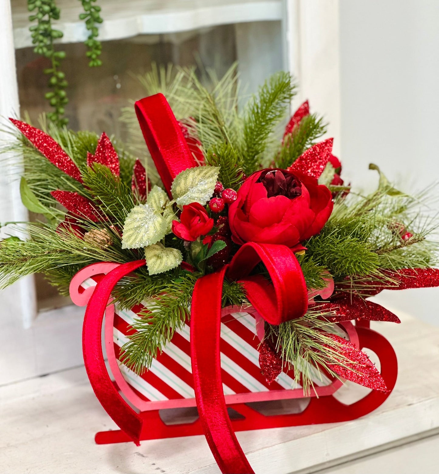Red Christmas Sleigh Floral Arrangement | Holiday Peony Centerpiece TCT Crafts