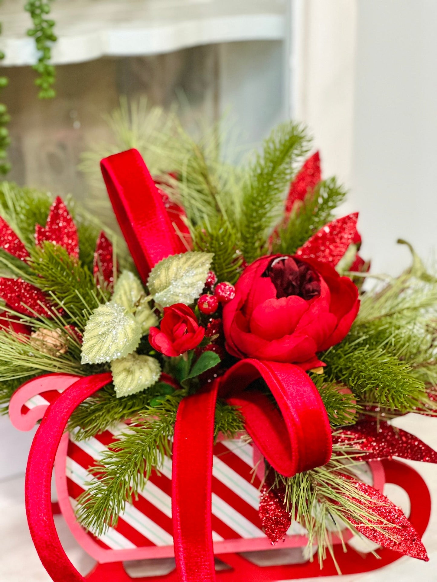 Red Christmas Sleigh Floral Arrangement | Holiday Peony Centerpiece TCT Crafts