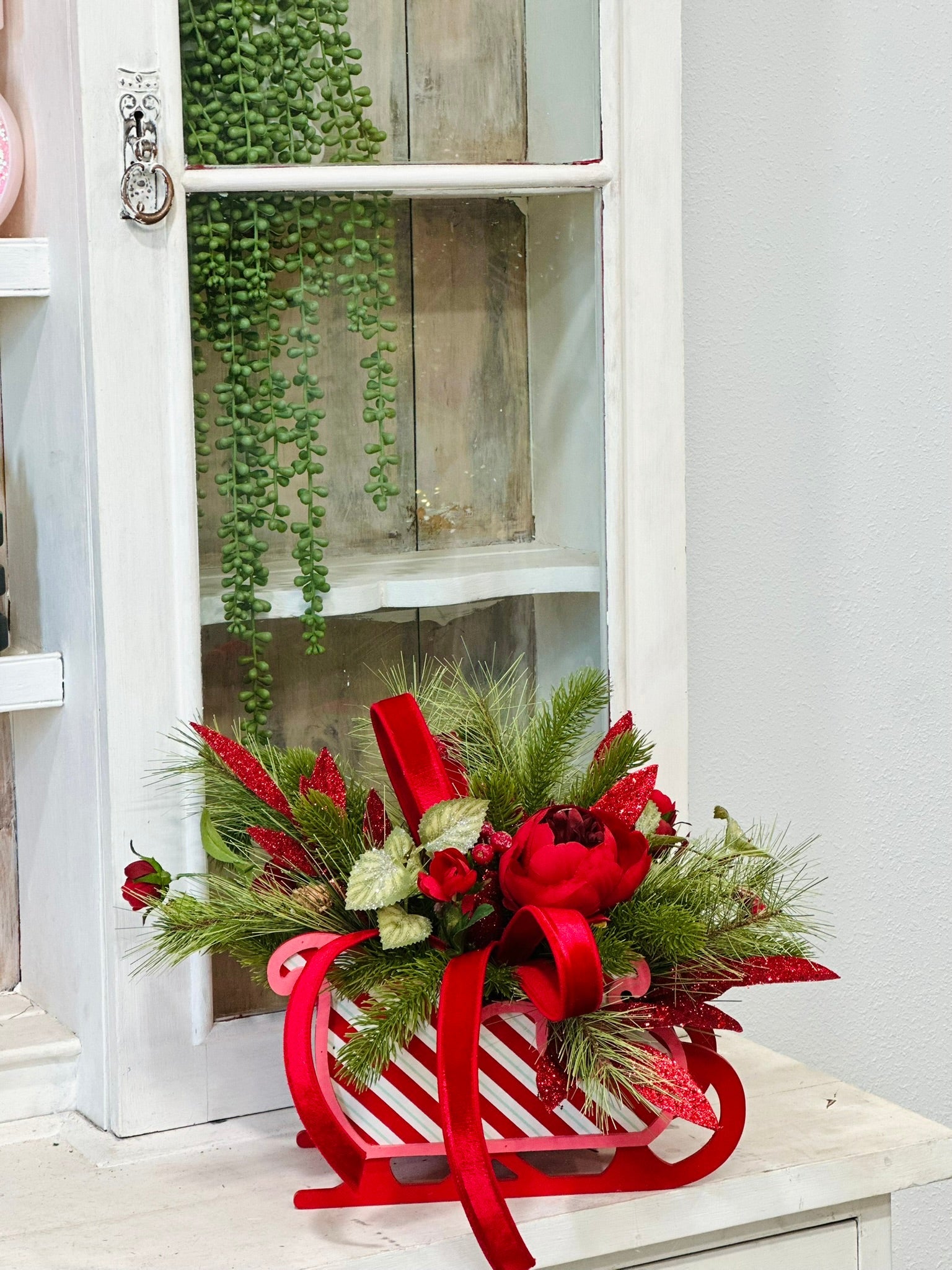 Red Christmas Sleigh Floral Arrangement | Holiday Peony Centerpiece TCT Crafts