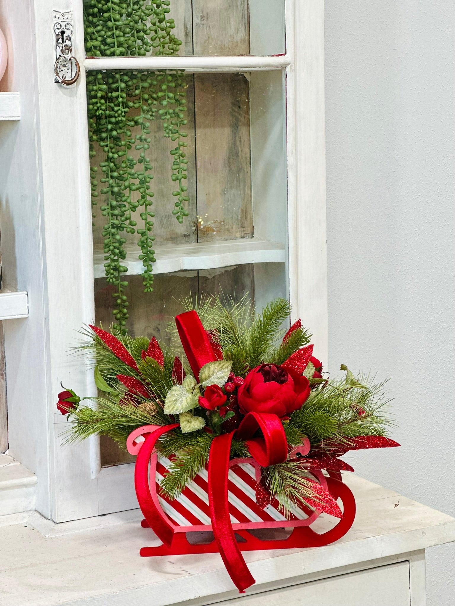 Red Christmas Sleigh Floral Arrangement | Holiday Peony Centerpiece TCT Crafts