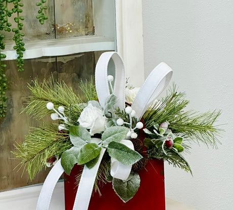 Red White Winter Centerpiece in Rustic Tote | Holiday Floral Arrangement TCT Crafts