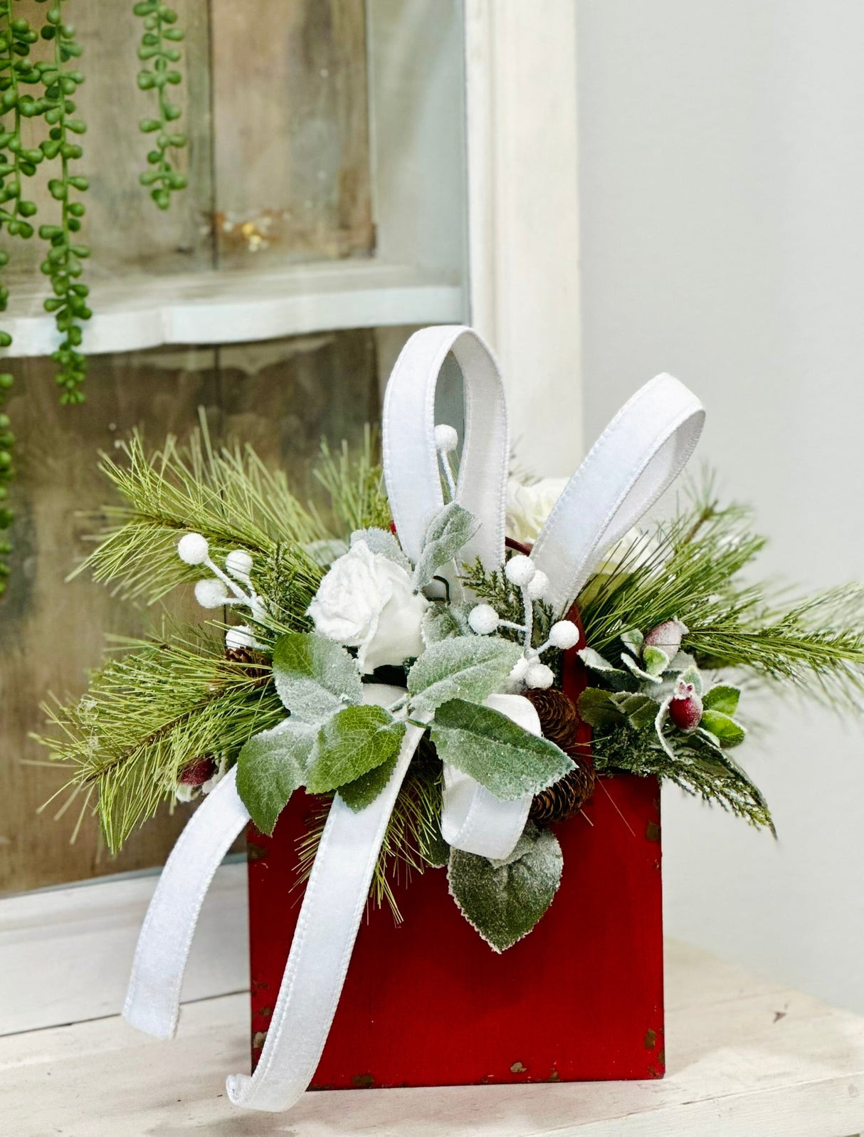 Red White Winter Centerpiece in Rustic Tote | Holiday Floral Arrangement TCT Crafts