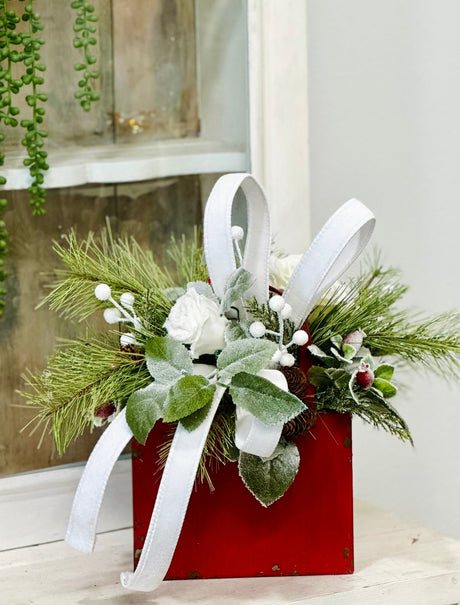 Red White Winter Centerpiece in Rustic Tote | Holiday Floral Arrangement TCT Crafts