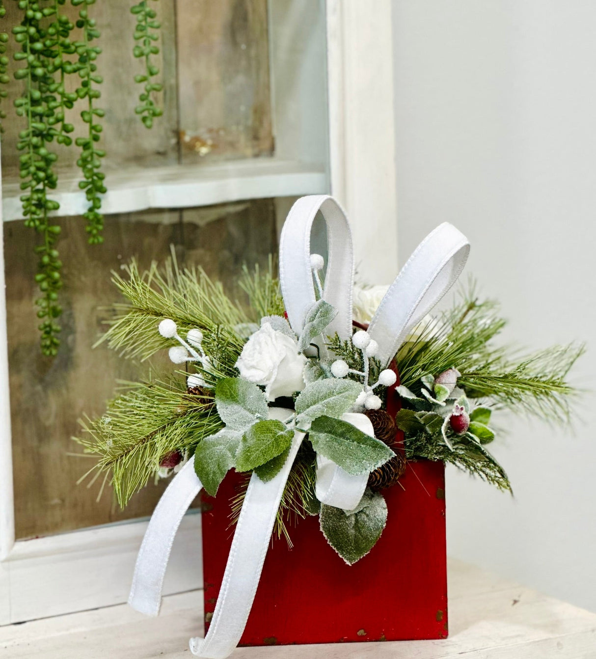 Red White Winter Centerpiece in Rustic Tote | Holiday Floral Arrangement TCT Crafts