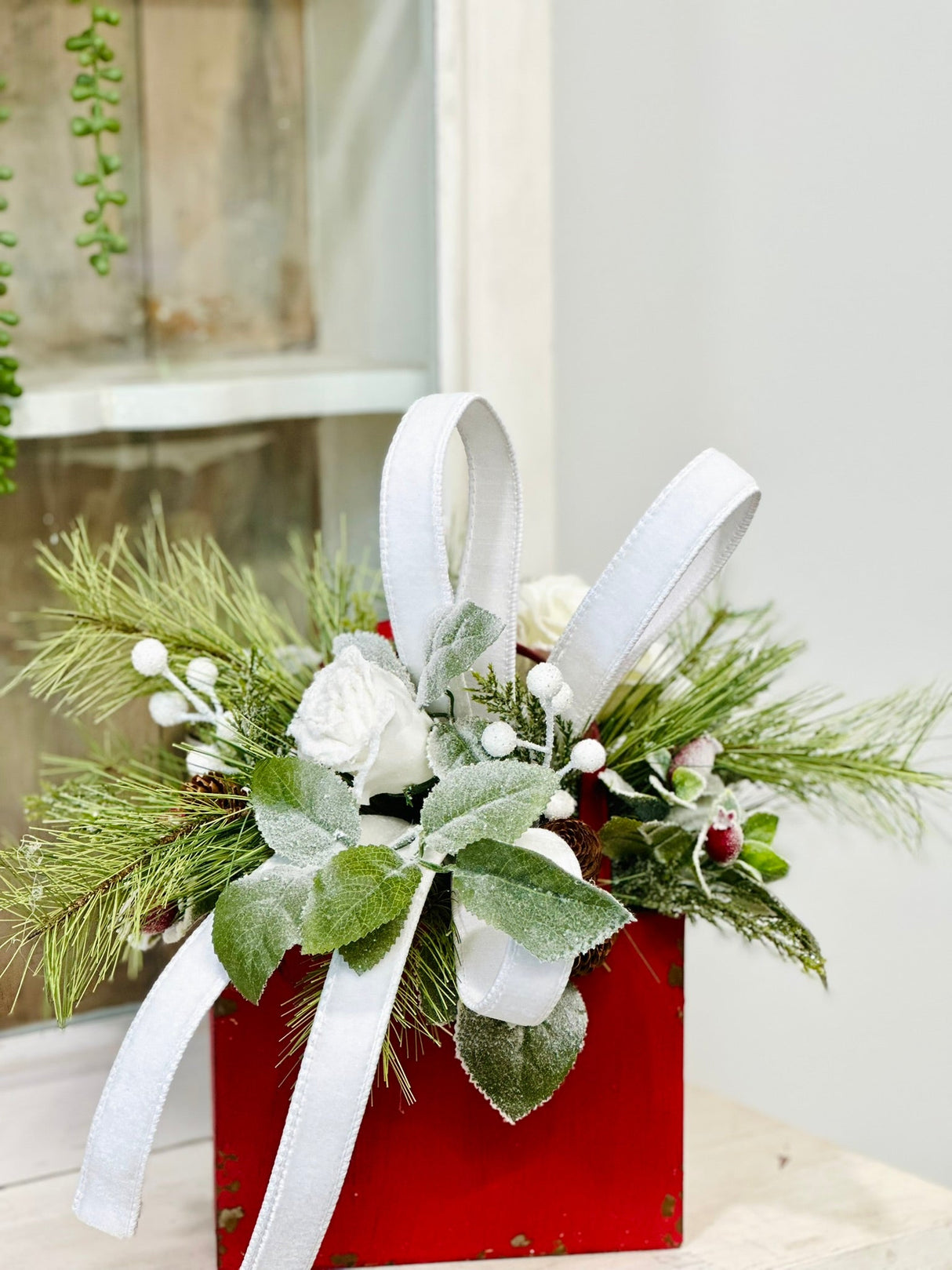 Red White Winter Centerpiece in Rustic Tote | Holiday Floral Arrangement TCT Crafts