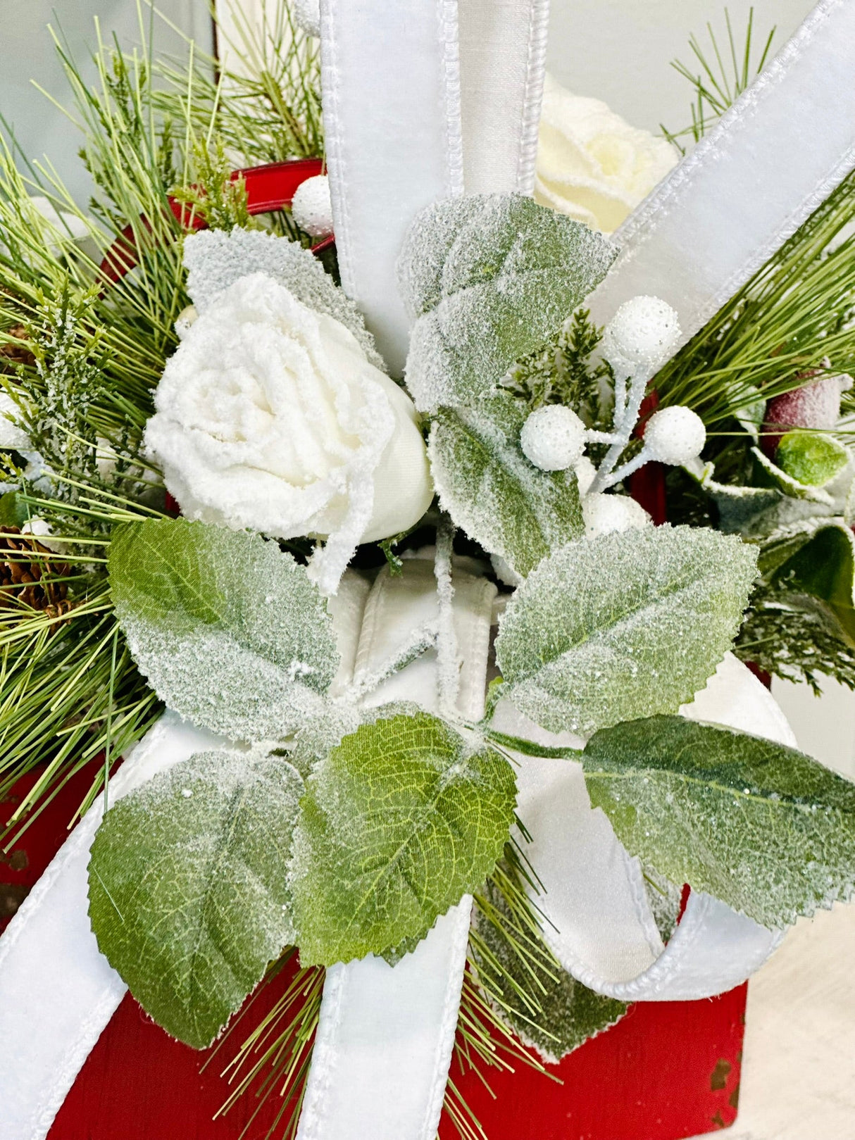 Red White Winter Centerpiece in Rustic Tote | Holiday Floral Arrangement TCT Crafts
