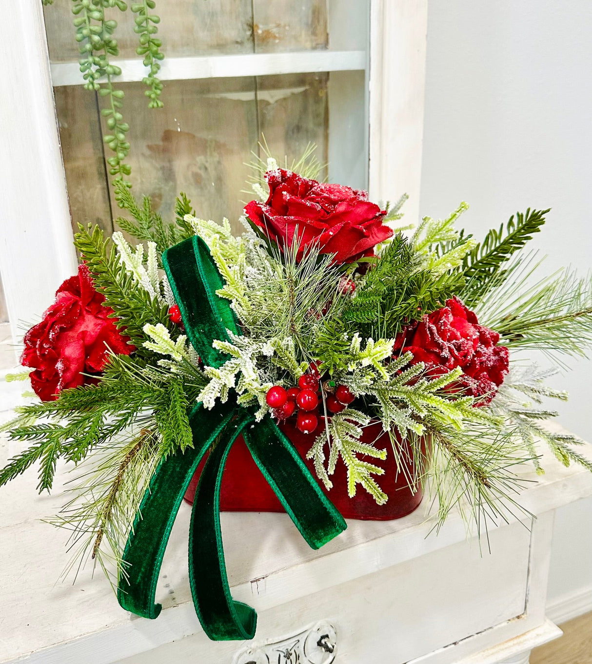 Small Red Green Christmas Floral Arrangement | Snowy Roses & Velvet Ribbon TCT Crafts