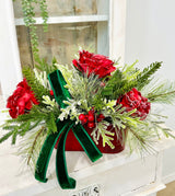 Small Red Green Christmas Floral Arrangement | Snowy Roses & Velvet Ribbon TCT Crafts