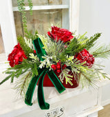 Small Red Green Christmas Floral Arrangement | Snowy Roses & Velvet Ribbon TCT Crafts