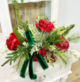 Small Red Green Christmas Floral Arrangement | Snowy Roses & Velvet Ribbon TCT Crafts