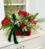 Small Red Green Christmas Floral Arrangement | Snowy Roses & Velvet Ribbon TCT Crafts