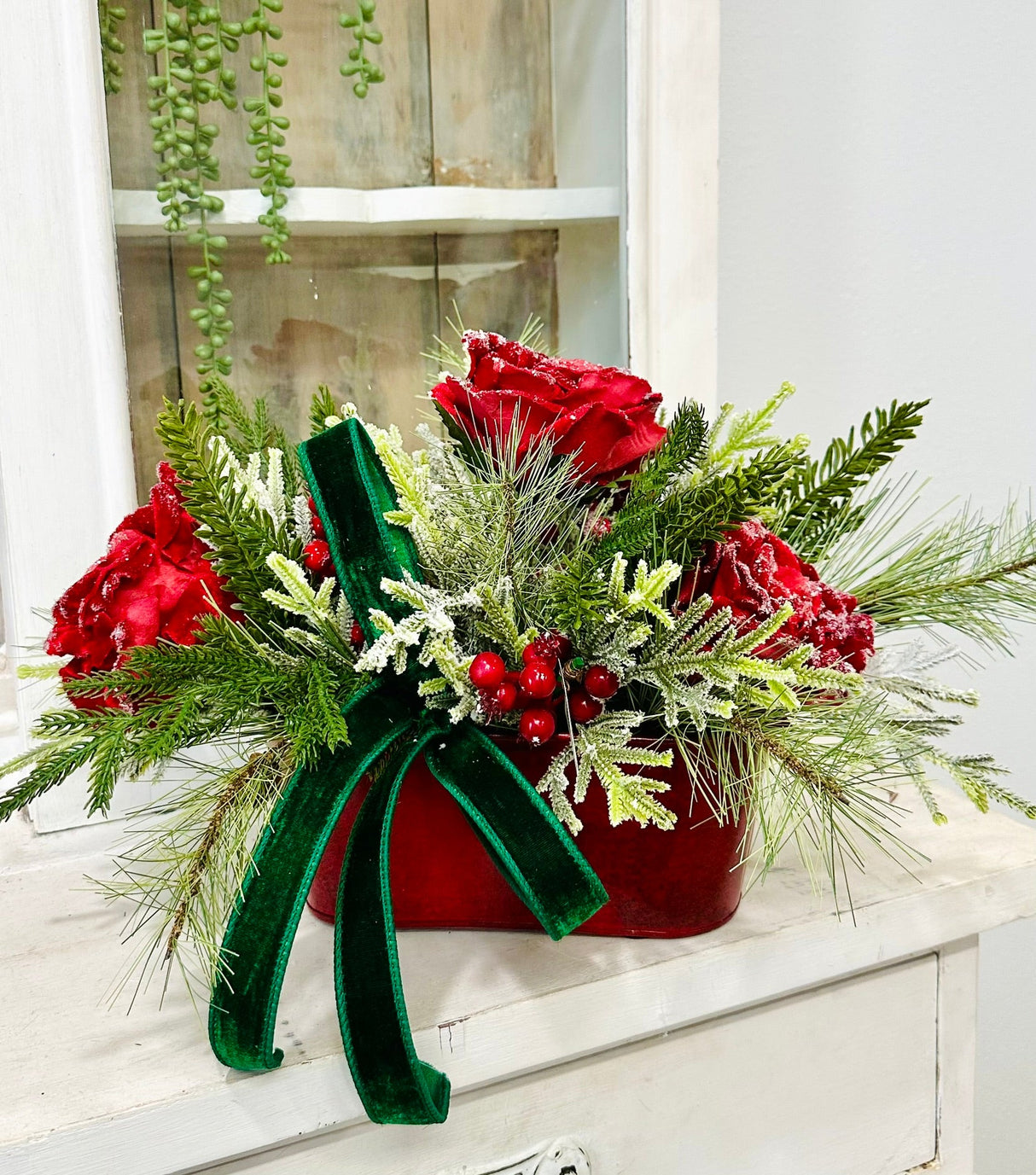 Small Red Green Christmas Floral Arrangement | Snowy Roses & Velvet Ribbon TCT Crafts