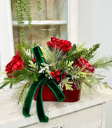 Small Red Green Christmas Floral Arrangement | Snowy Roses & Velvet Ribbon TCT Crafts