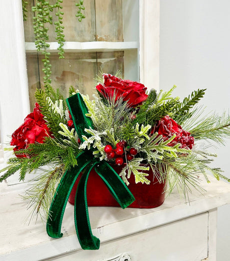 Small Red Green Christmas Floral Arrangement | Snowy Roses & Velvet Ribbon TCT Crafts