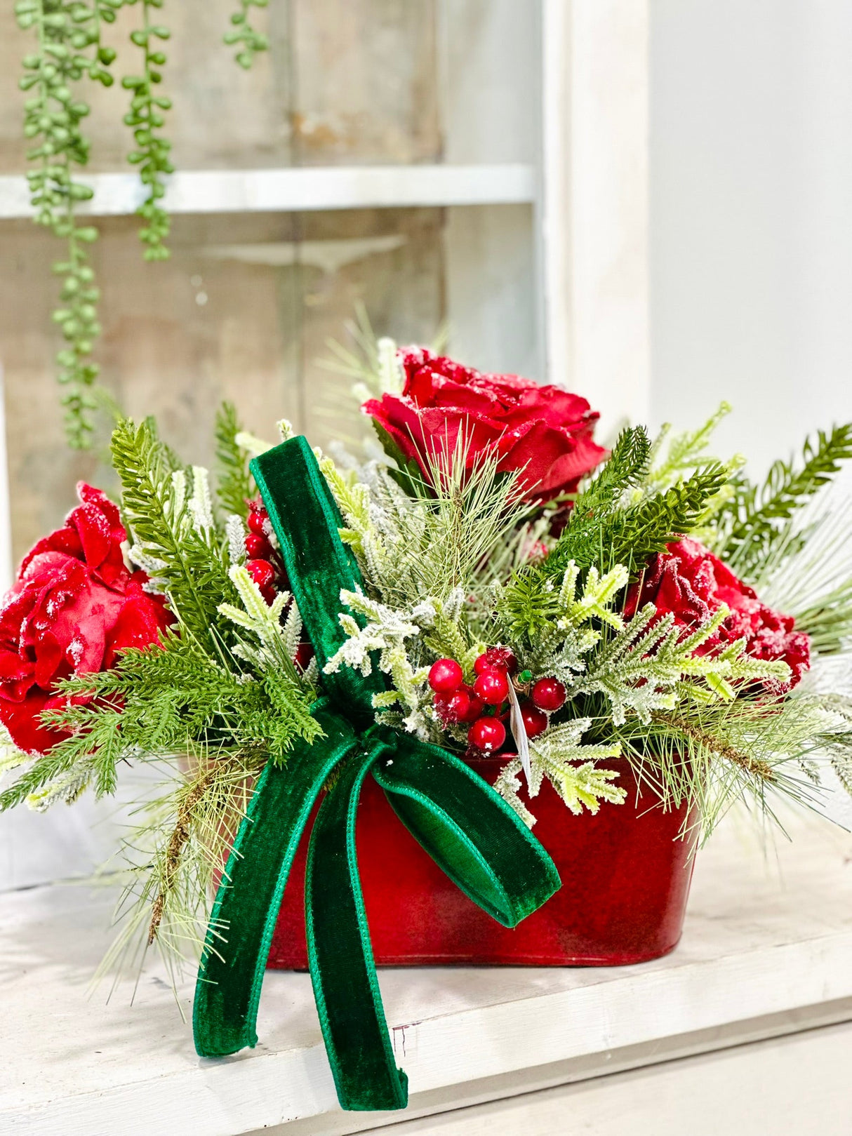Small Red Green Christmas Floral Arrangement | Snowy Roses & Velvet Ribbon TCT Crafts