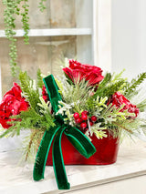 Small Red Green Christmas Floral Arrangement | Snowy Roses & Velvet Ribbon TCT Crafts