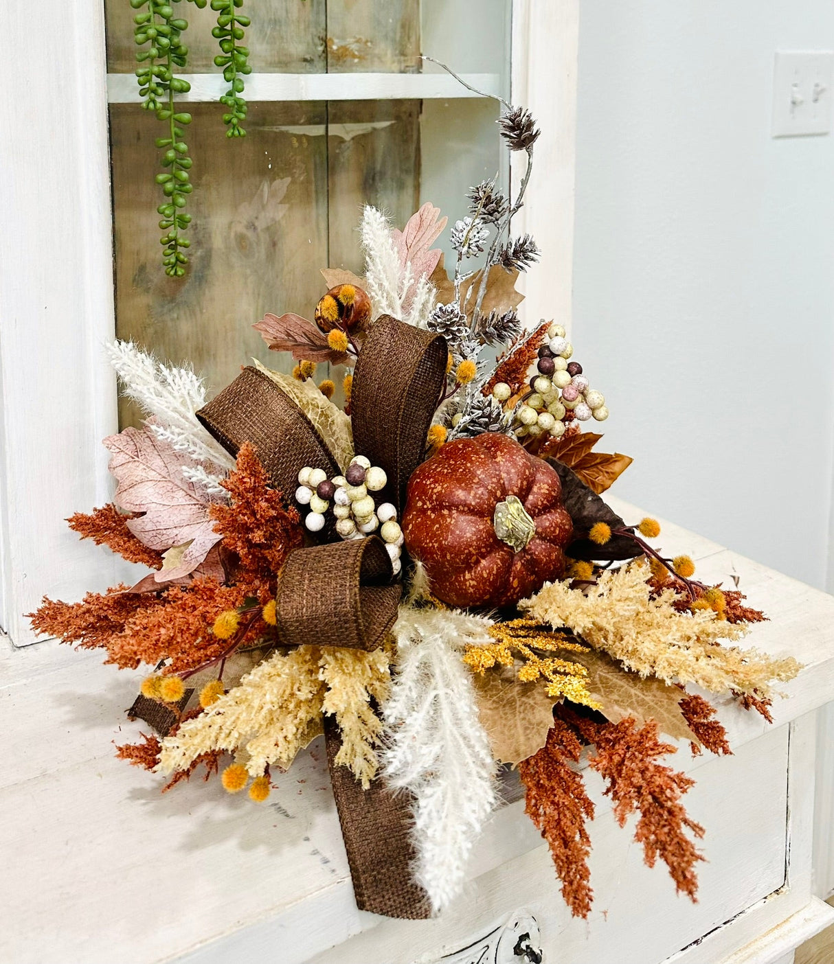 Neutral Boho Fall Floral Arrangement with Rustic Pumpkin, 16x18 Table Centerpiece by TCT Crafts TCT Crafts