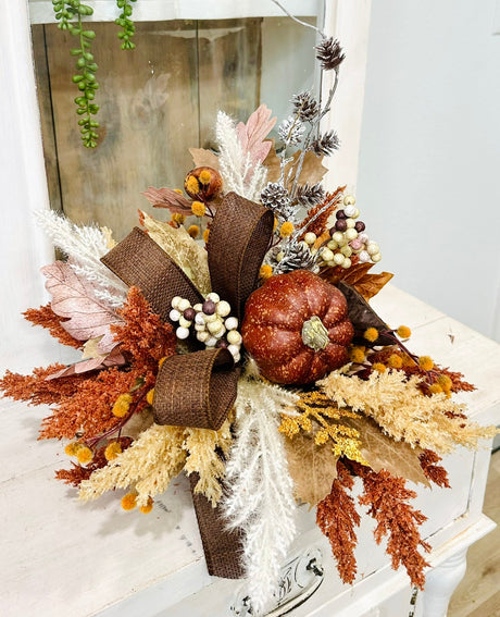 Neutral Boho Fall Floral Arrangement with Rustic Pumpkin, 16x18 Table Centerpiece by TCT Crafts TCT Crafts