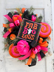 Faboolous Halloween Wreath | Pink, Orange, Black | 29"x26" | Cute Decor with Lollipops and Velvet Pumpkins