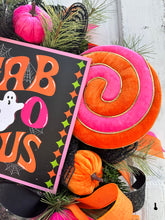 Load image into Gallery viewer, Faboolous Halloween Wreath | Pink, Orange, Black | 29&quot;x26&quot; | Cute Decor with Lollipops and Velvet Pumpkins