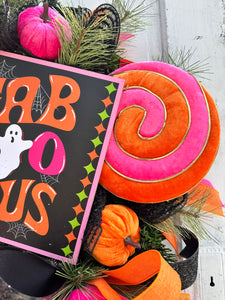 Faboolous Halloween Wreath | Pink, Orange, Black | 29"x26" | Cute Decor with Lollipops and Velvet Pumpkins