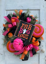 Load image into Gallery viewer, Faboolous Halloween Wreath | Pink, Orange, Black | 29&quot;x26&quot; | Cute Decor with Lollipops and Velvet Pumpkins