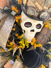 Load image into Gallery viewer, Oversized Steampunk Skull Wreath | XL Halloween and Fall Decor | Animated Skull with Top Hat, Faux Leather Journal, and Wooden Gears