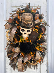 Oversized Steampunk Skull Wreath | XL Halloween and Fall Decor | Animated Skull with Top Hat, Faux Leather Journal, and Wooden Gears