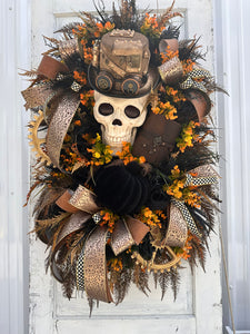 Oversized Steampunk Skull Wreath | XL Halloween and Fall Decor | Animated Skull with Top Hat, Faux Leather Journal, and Wooden Gears