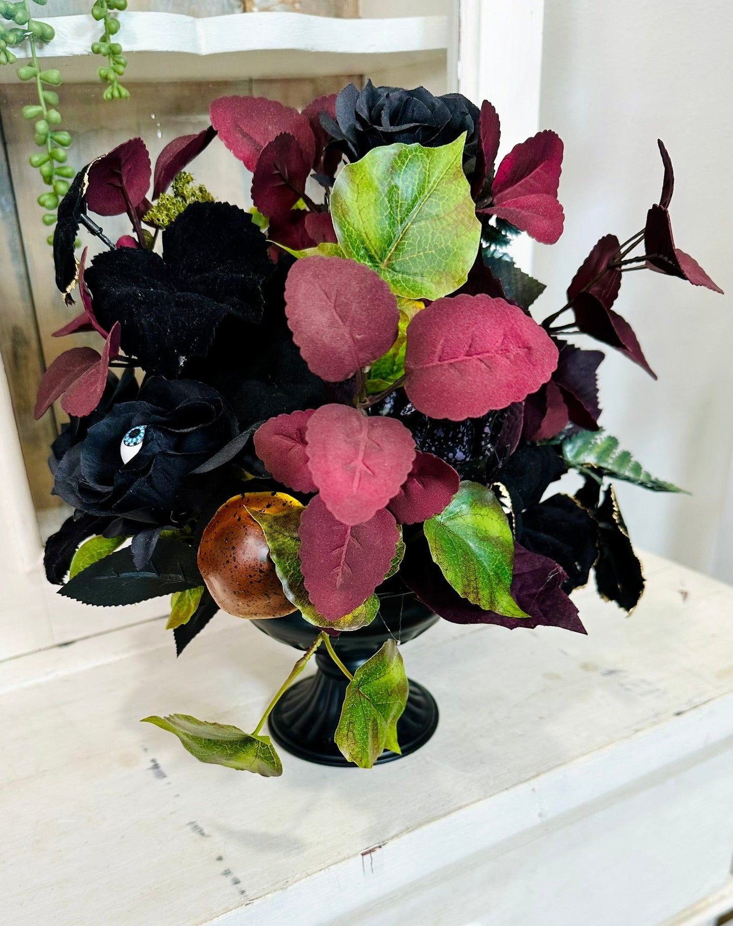 Elegant Halloween Floral Arrangement in Black Compote with Eyeball & Mushroom Accents – 14” TCT Crafts