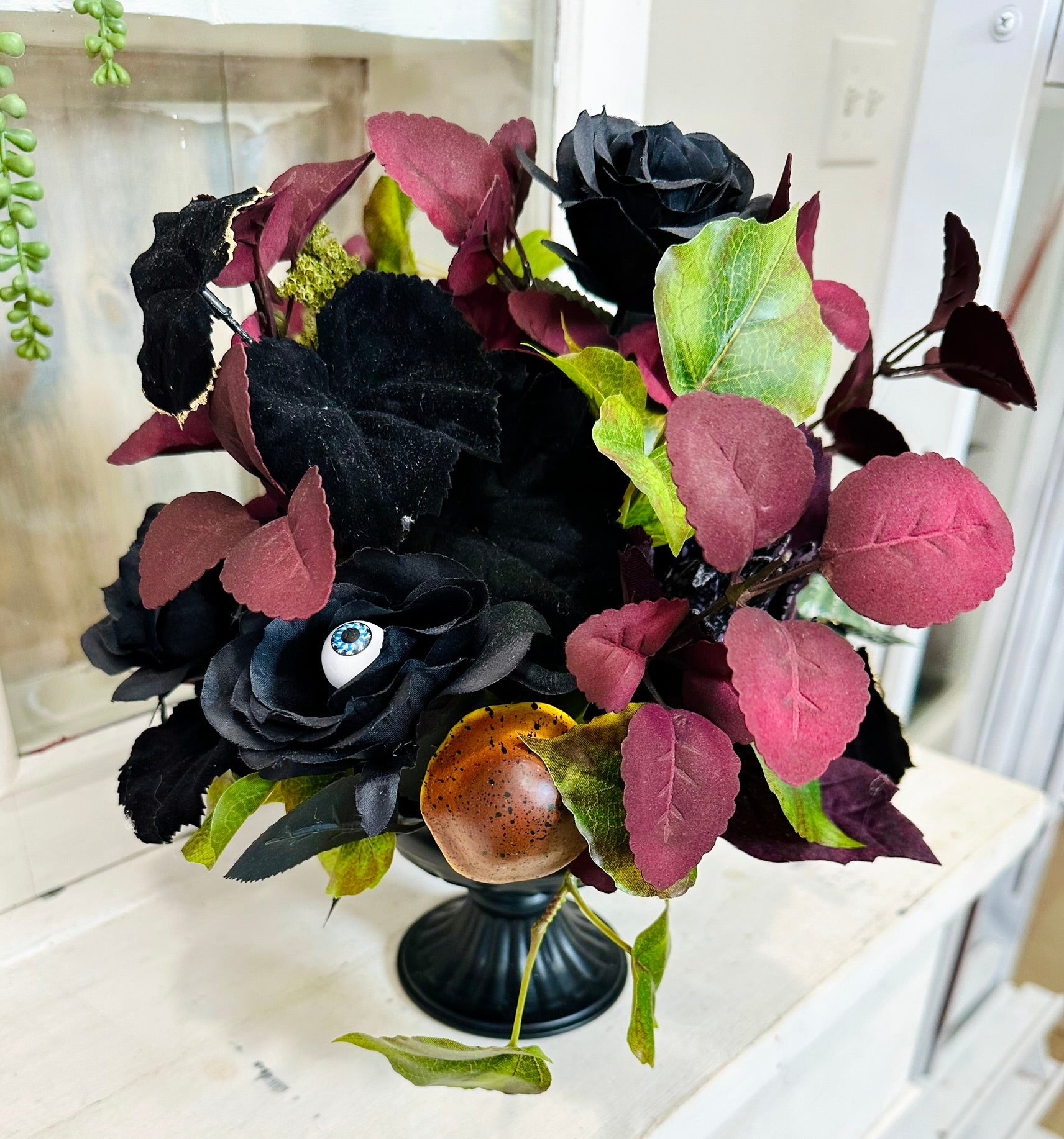 Elegant Halloween Floral Arrangement in Black Compote with Eyeball & Mushroom Accents – 14” TCT Crafts