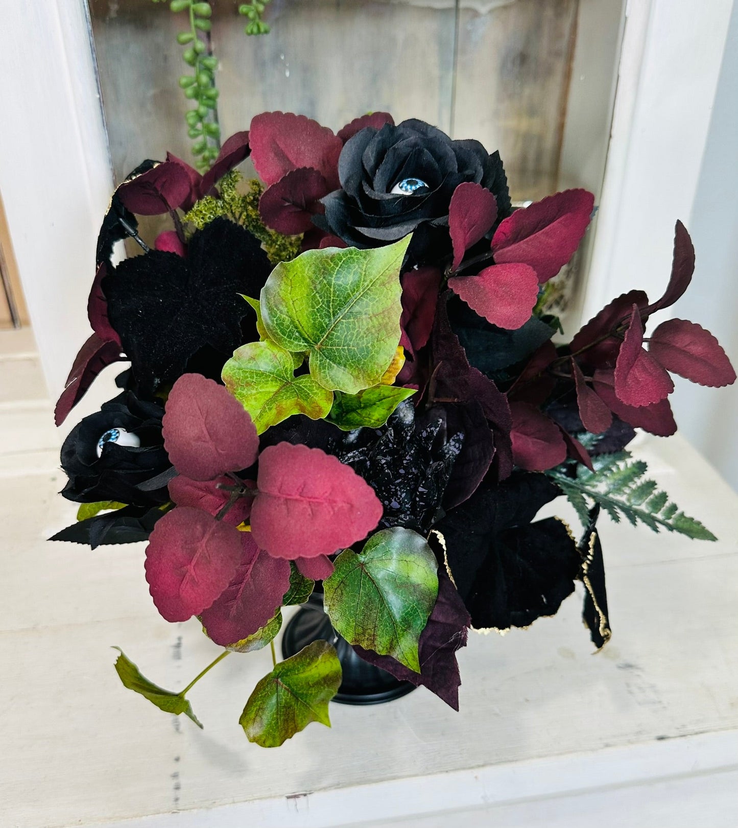 Elegant Halloween Floral Arrangement in Black Compote with Eyeball & Mushroom Accents – 14” TCT Crafts