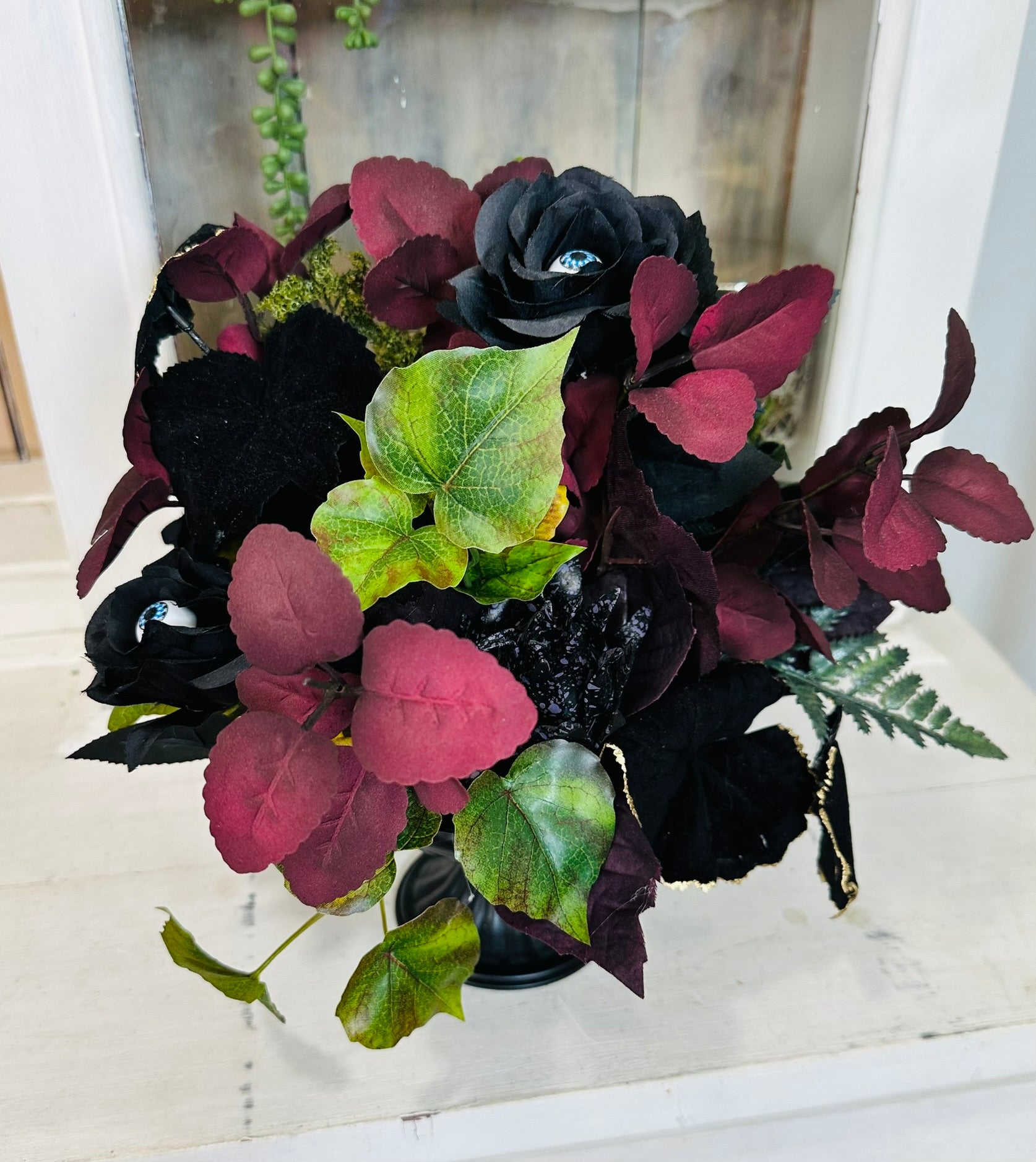 Elegant Halloween Floral Arrangement in Black Compote with Eyeball & Mushroom Accents – 14” TCT Crafts