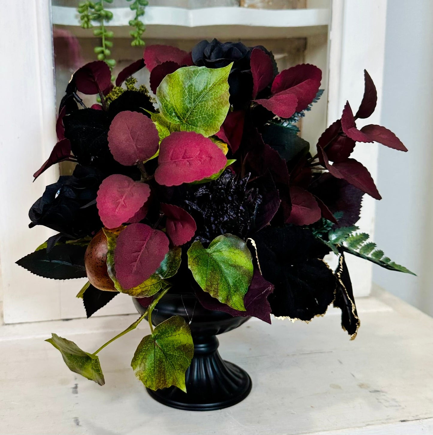 Elegant Halloween Floral Arrangement in Black Compote with Eyeball & Mushroom Accents – 14” TCT Crafts