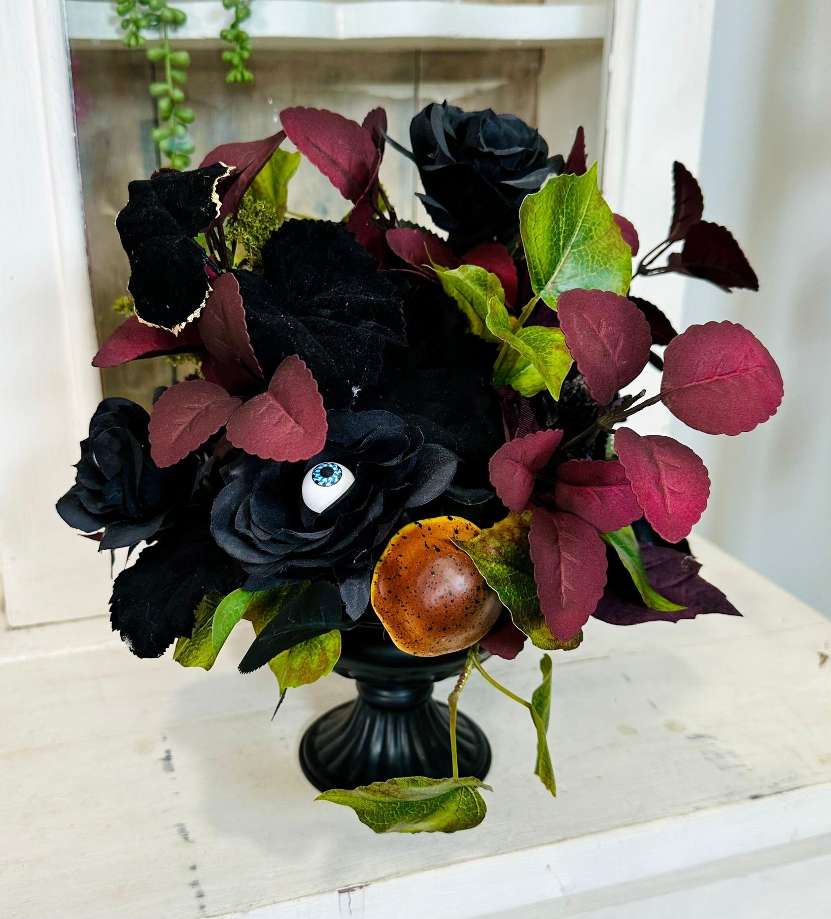 Elegant Halloween Floral Arrangement in Black Compote with Eyeball & Mushroom Accents – 14” TCT Crafts