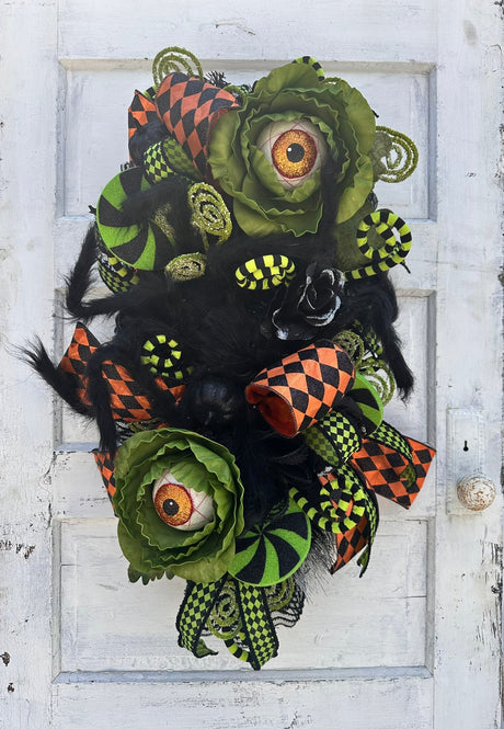 Fun and Whimsical Eyeball Halloween Swag | 32"x18" Decor with Fuzzy Spider, Eyeball Sprays, and Harlequin Ribbon TCT Crafts