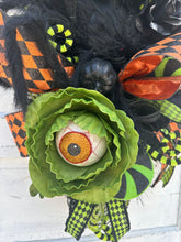 Load image into Gallery viewer, Fun and Whimsical Eyeball Halloween Swag | 32&quot;x18&quot; Decor with Fuzzy Spider, Eyeball Sprays, and Harlequin Ribbon