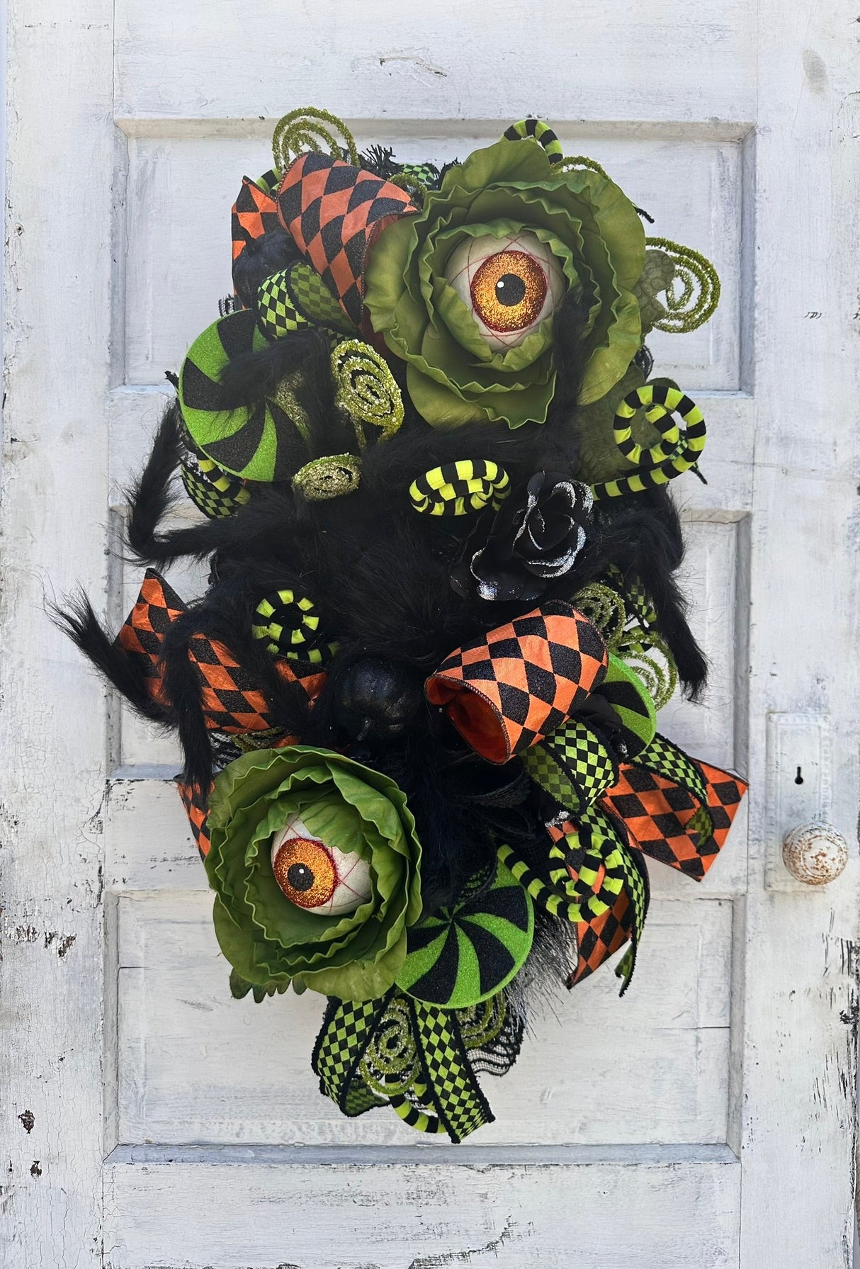 Fun and Whimsical Eyeball Halloween Swag | 32"x18" Decor with Fuzzy Spider, Eyeball Sprays, and Harlequin Ribbon TCT Crafts