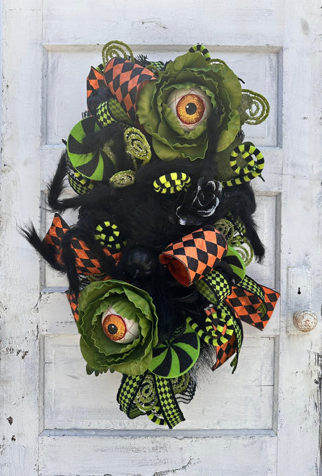 Fun and Whimsical Eyeball Halloween Swag | 32"x18" Decor with Fuzzy Spider, Eyeball Sprays, and Harlequin Ribbon TCT Crafts