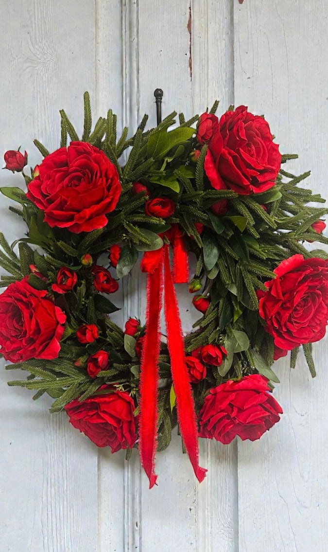 Red Rose Valentine Wreath with Lush Greenery